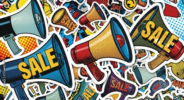 Fototapeta Colorful pop art background featuring sale megaphone stickers in a vibrant style