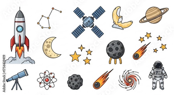 Fototapeta Space exploration elements including rocket astronaut planets and celestial bodies