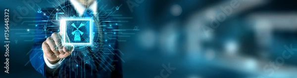 Fototapeta Smart agriculture technology and IoT data network connecting with precision holographic interface accuracy solution for sustainable farming. Future of food production, efficiency, and growth.