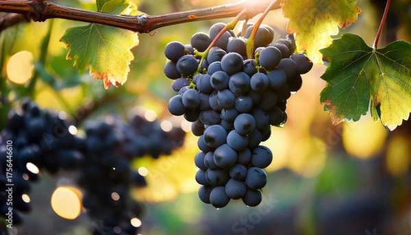 Fototapeta grapes in vineyard with bokehs