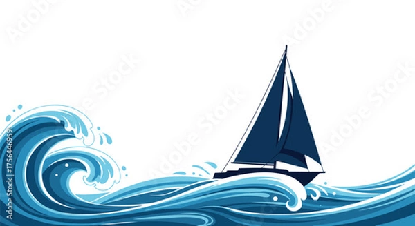 Fototapeta A dark blue sailboat glides through large ocean waves under a bright sky.