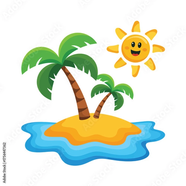 Fototapeta Cartoon tropical island with palm trees and smiling sun