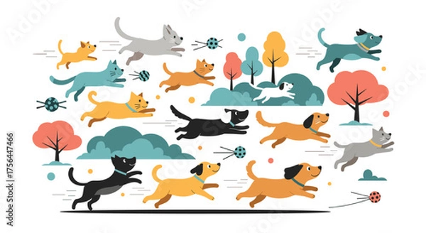 Fototapeta A lively and joyful pack of dogs running through a park with trees and bushes.