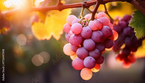 Fototapeta red grapes on vineyard with bokehs