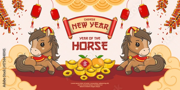 Obraz Happy Chinese New Year 2026 Year Of The Horse On Banner Design, Cute Vector Cartoon Illustration