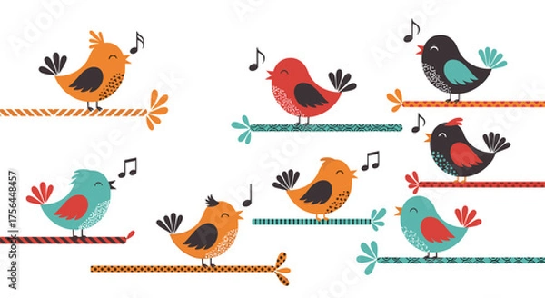 Fototapeta A cheerful chorus of colorful little birds singing on branches.