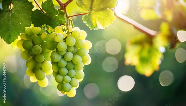 Fototapeta green grapes in vineyard with bokehs 