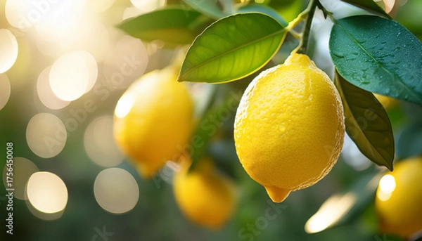 Fototapeta lemons on a tree with bokehs