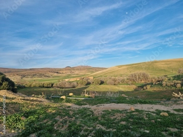 Fototapeta Rural landscape with abandoned building and cultivated fields