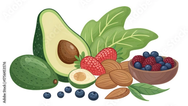 Fototapeta Illustration of avocado strawberries almonds blueberries and green leaves in a still life scene isolated on transparent background
