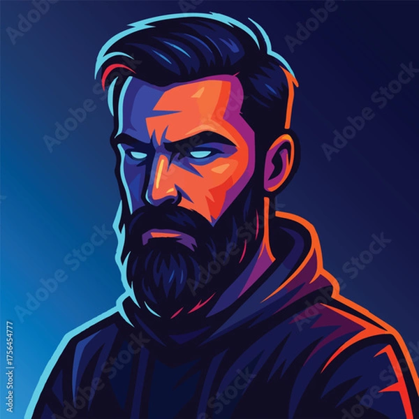 Fototapeta Artistic Representation: Portrait of a focused man in a captivating, brightly coloured illustration. Perfect for a book cover, story character.