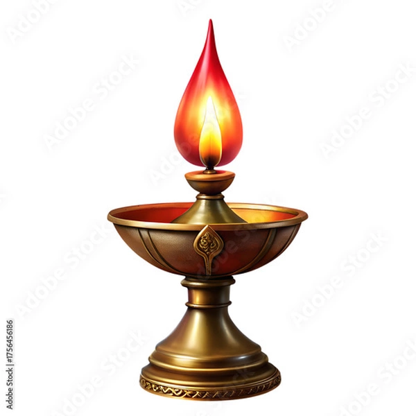 Fototapeta Ornate Golden-Bronze Diya with Vivid Flame — Ideal for Diwali, Spiritual Branding, and Cultural Design Themes