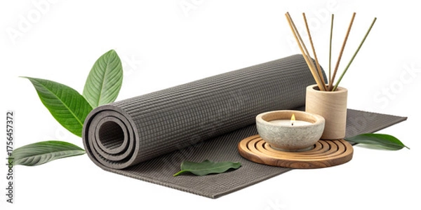 Fototapeta Gray yoga mat with green leaves candle and aroma sticks for meditation and relaxation setting isolated on transparent background