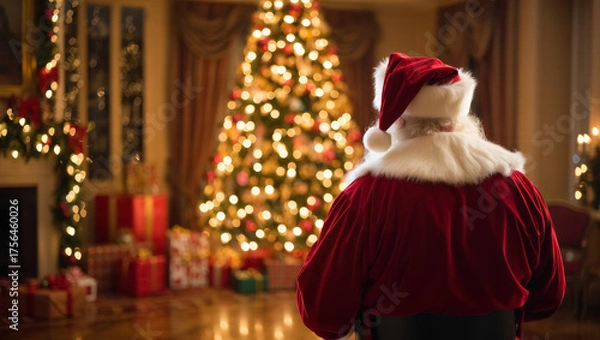 Fototapeta Santa Claus from behind stands in a cozy living room filled with golden light, admiring a beautifully decorated Christmas tree surrounded by wrapped gifts and soft festive sparkle