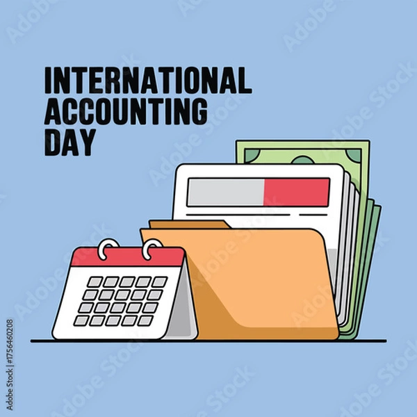 Fototapeta Vector art of international accounting day depicted with a calendar, folder, and currency, representing organized financial records and monetary management