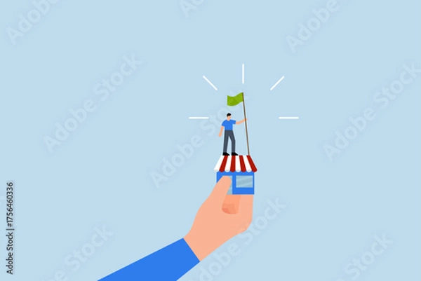 Fototapeta Small business idea, successful entrepreneur waving a victory flag in a small shop held by a gigantic hand
