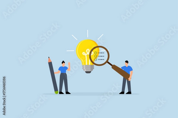 Fototapeta Business viability checking, entrepreneur using magnifying glass examines lightbulb concept