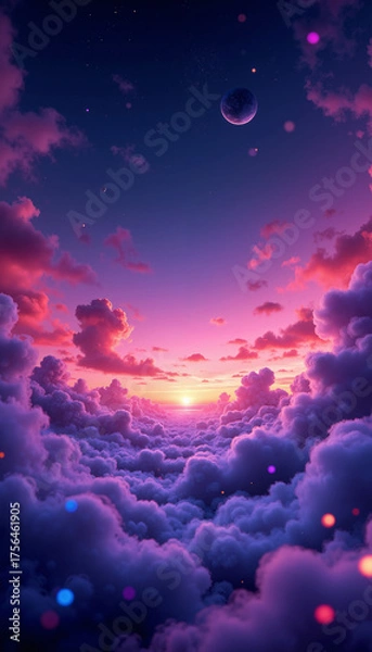 Obraz Ethereal purple and pink clouds glowing with golden sunset light under a celestial sky with a prominent moon