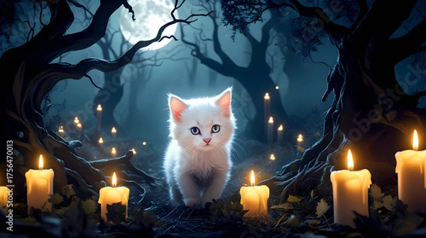 Fototapeta White Kitten in Enchanted Forest