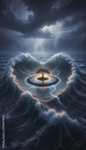 Fototapeta A dramatic and surreal landscape featuring a lone tree in the middle of the ocean. The tree is surrounded by swirling waves forming a heart shape, under a stormy sky 