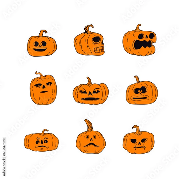 Obraz Halloween pumpkins with funny and spooky carved faces, hand drawn vector illustration