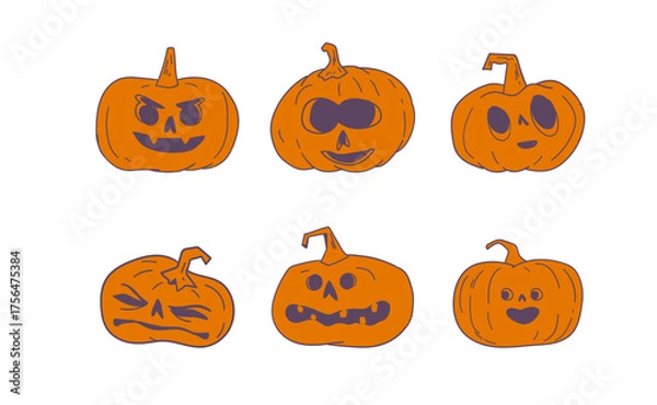 Obraz Halloween pumpkins with funny and spooky carved faces, hand drawn vector illustration