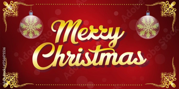 Fototapeta Luxurious Merry Christmas card design with golden text, ornaments, and snowflakes on a red festive background  perfect for holiday greetings and digital invitations.