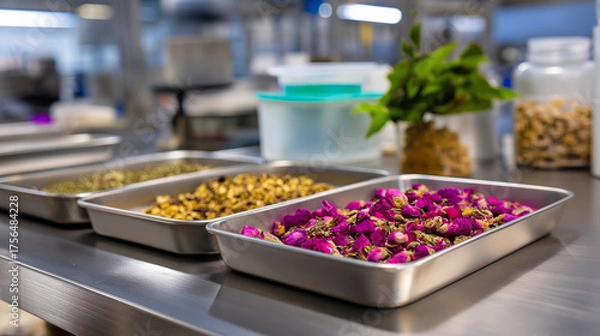 Fototapeta Clean industrial workspace — tea leaves and rose petals in orderly trays, stainless equipment faintly visible, white light reflections emphasizing hygiene, with copy space.