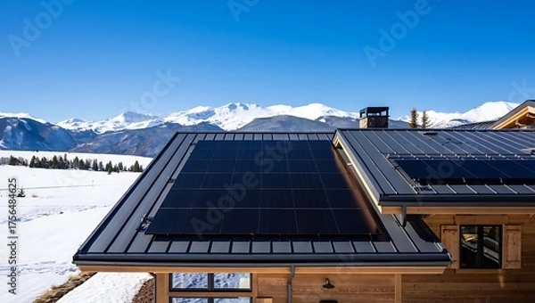 Obraz Solar panels on house roof in snow capped mountains landscape