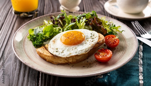 Fototapeta fried egg with bacon and vegetables