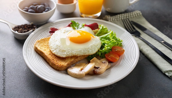 Fototapeta fried egg with bacon and vegetables