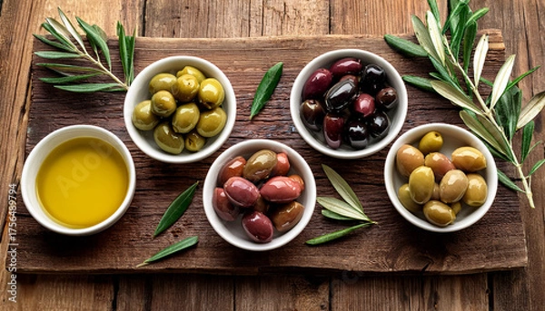 Fototapeta olives with olive oil and branch on wood background