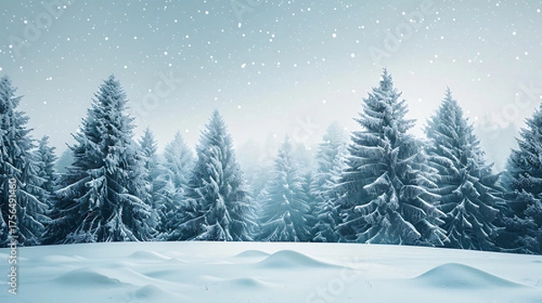 Fototapeta Serene Winter Forest Panorama with Falling Snow and Snow-Covered Evergreen Trees