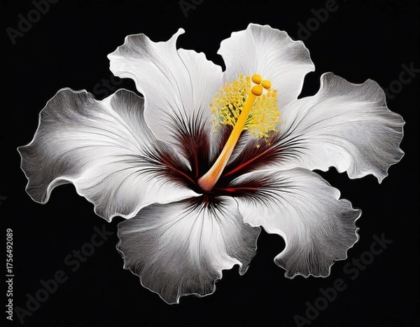 Fototapeta single white hibiscus flower with yellow center on black isolated on a white background