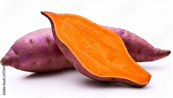 Fototapeta two purple sweet potatoes one sliced open orange flesh isolated on a white background