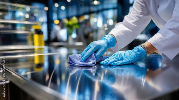 Fototapeta Modern food service environment — gloved worker cleaning shiny stainless surface, bright white reflections emphasizing spotless hygiene, with copy space.