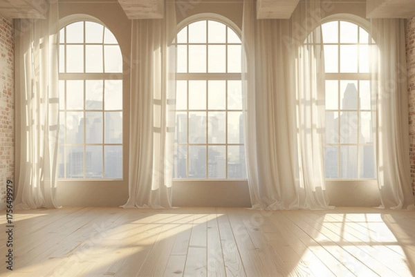 Fototapeta Bright airy room with large arched windows in minimal style
