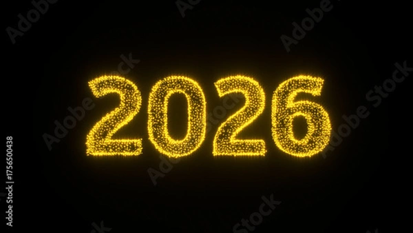 Obraz Golden glowing 2026 formed from sparkling particles on a dark background, symbolizing new beginnings, celebration, prosperity and the bright promise of the upcoming year. 3d rendering