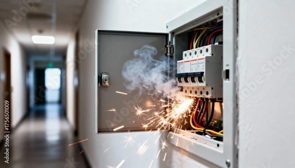 Fototapeta Electrical short circuit causing intense sparks and smoke inside an open circuit breaker panel located in a hallway.