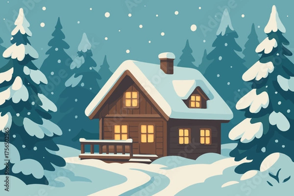 Fototapeta Cozy wooden cabin covered in snow surrounded by tall evergreen trees on a winter evening