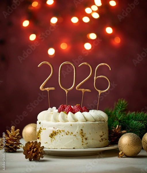 Fototapeta A wonderful Christmas cake with mascarpone cream and fresh raspberries on a decorated holiday table with a fir branch and decorations and holiday lights background. Sparklers numbers 2026