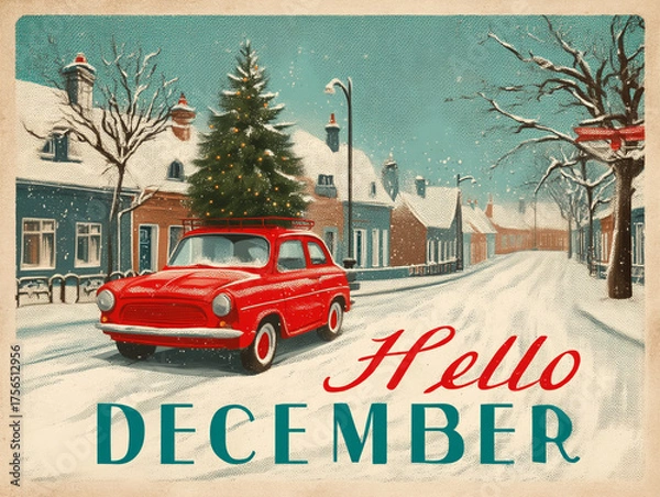 Fototapeta Festive red car driving through a snowy street in December with decorated trees and cozy houses