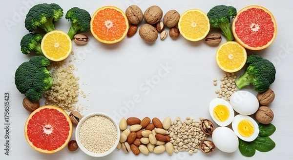 Fototapeta Healthy Food Frame with Citrus, Nuts, Broccoli and Grains Arrangement