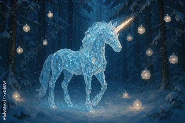 Fototapeta Frozen crystal unicorn glowing in snowy forest with holiday lights
