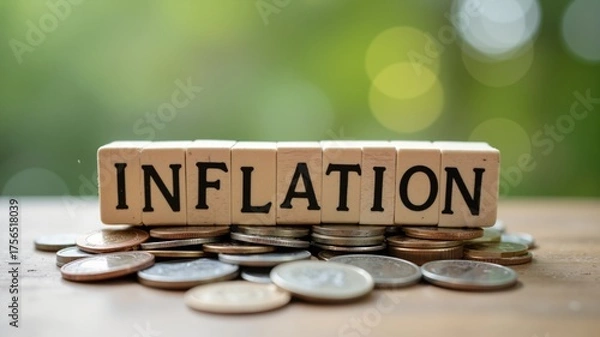 Obraz INFLATION word on a wooden cube on coins in idea for FED consider interest rate hike, world economics, and inflation control, US dollar inflation
