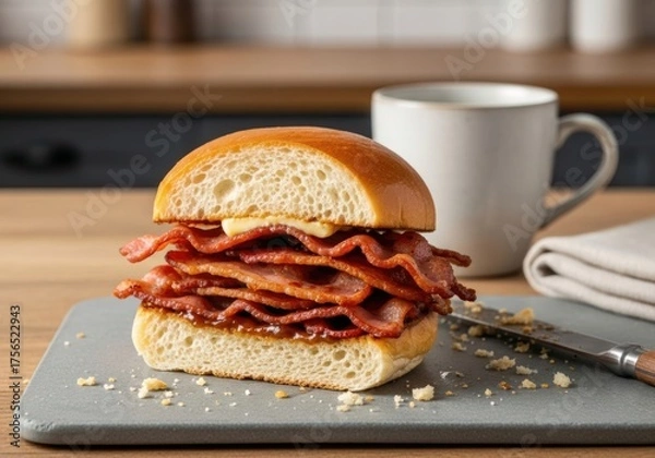 Fototapeta Bacon Sandwich with Multiple Layers of Crispy Bacon and Soft Brioche Bun