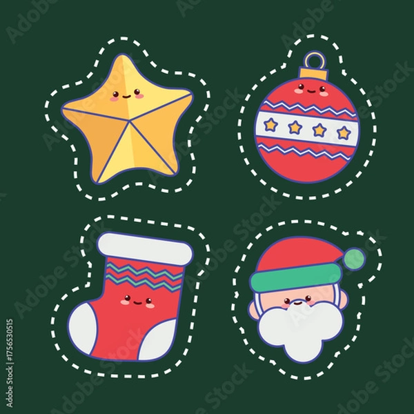 Obraz Linear Kawaii Christmas Icon Set