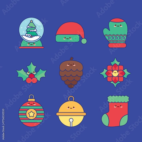 Obraz Linear Kawaii Christmas Icon Collection