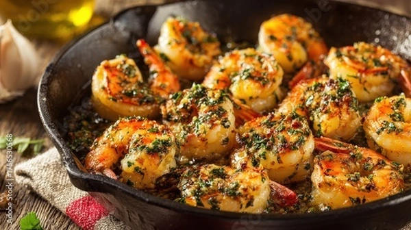 Fototapeta Sizzling shrimp sauteed with garlic and herbs in a cast iron pan.