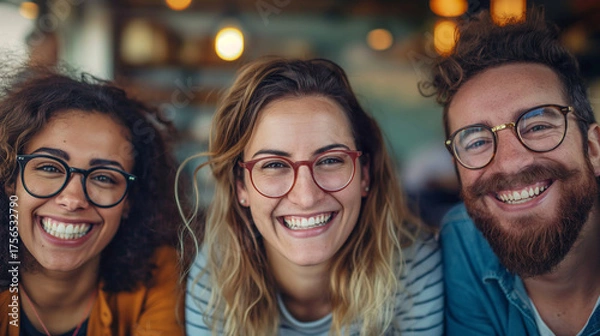 Fototapeta Diverse group of business professionals smiling confidently in a casual office setting, teamwork and positive energy, modern business culture and authentic connection